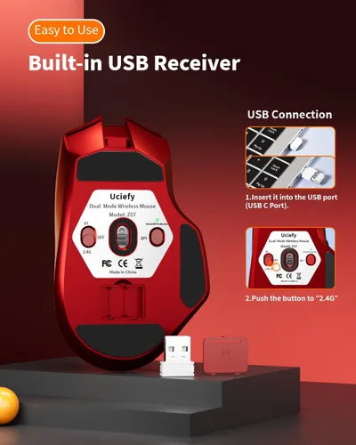 Vista 6 de Uciefy Ratón inalámbrico Bluetooth Z07, ratón recargable para ordenador Rojo