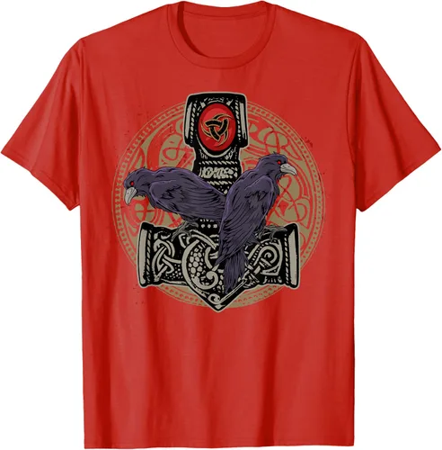 Vista 66 de Thors Hammer Mjolnir Huginn and Muninn Odin Raven - Camiseta, Negro, S