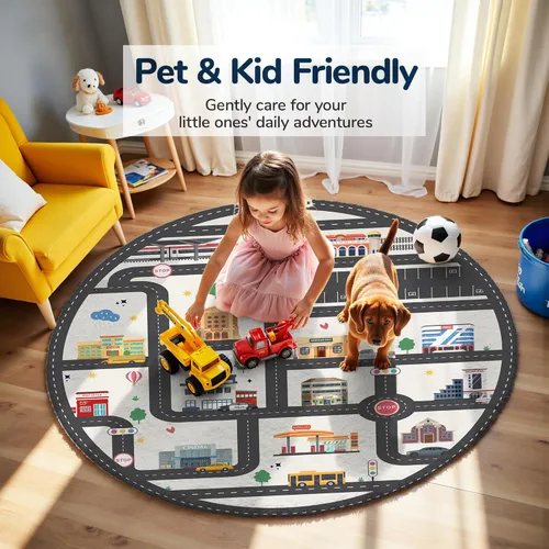 Vista 4 de Alfombra de Juego Redonda de 3.3 pies para Niños con Carreteras de la Ciudad - Alfombra de Lana Sintética Antideslizante con Diseño Interactivo