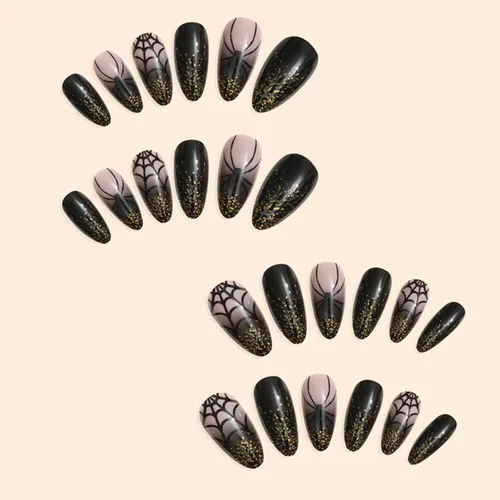 Vista 4 de Uñas postizas a presión de almendra, uñas postizas de Halloween, cobertura completa, longitud media, uñas postizas de araña negra con purpurina