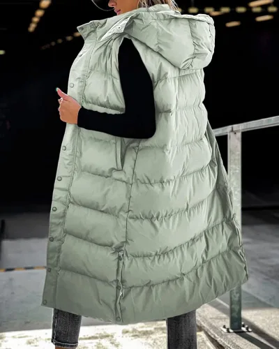 Vista 3 de Grlasen Chaleco largo acolchado con capucha para mujer, manga larga, con botones, chaleco acolchado de algodón, abrigo de invierno