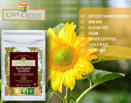 Vista 4 de Cape Crystal Polvo de lecitina de girasol 100% natural y sin gluten. Es la alternativa vegana y sin OMG al polvo de lecitina de soja (2 onzas)