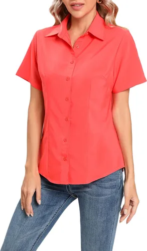 Vista 3 de Camisas básicas de oficina con cuello y botones para mujer, de fácil cuidado, de manga corta, con elástico