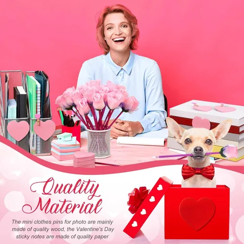 Vista 4 de Yexiya 48 juegos de bolígrafos de rosas para el día de San Valentín, regalos a granel con notas adhesivas, clips de corazón, bolsas de regalo