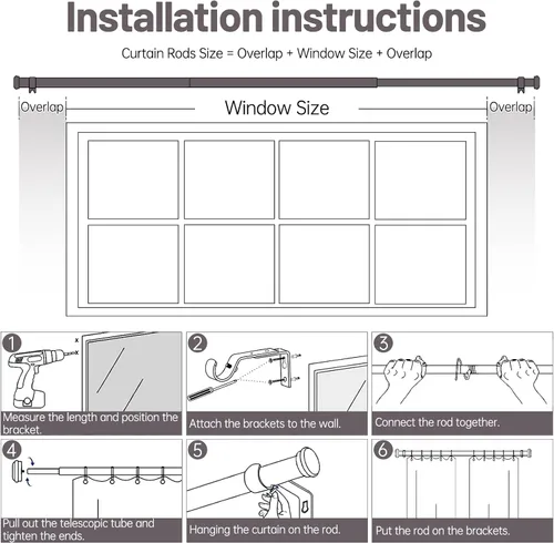 Vista 7 de Zeerobee - Barras de cortina para ventanas de 32 a 168, barras de alta resistencia negras de 1 pulgada Adjustable Drapery Rods, Modern
