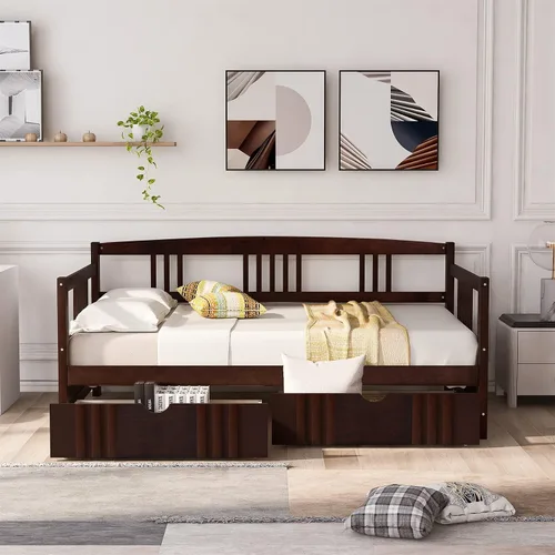 Vista 3 de Harper & Bright Designs Marco de sofá cama de tamaño individual con 2 cajones, sofá cama de madera para dormitorio, sala de estar, cama