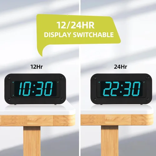 Vista 7 de Reloj digital con pilas, reloj despertador con pantalla LED para dormitorio, incluye cable de CC, brillo ajustable, repetición, 12/24 horas