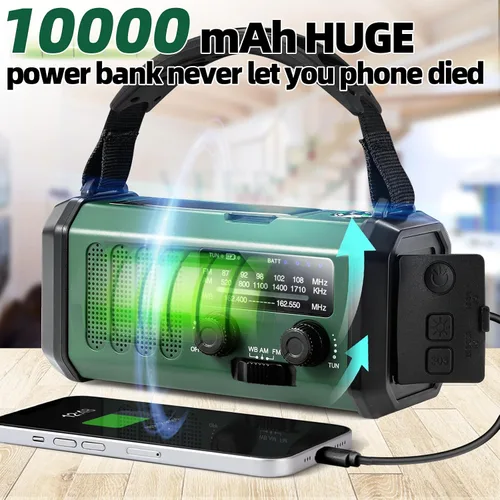 Vista 3 de QAUYYW Radio de emergencia con manivela, radio NOAA AM FM meteorológica portátil con manivela de 37000 mAh solar, con linterna de 3 modos y luz