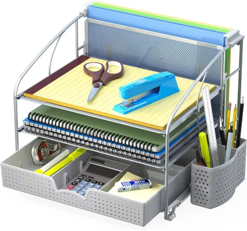Vista 8 de Simple Houseware - Organizador de escritorio de 3 niveles con cajón deslizante, soporte para archivos colgantes y accesorio para porta lapices, Negro