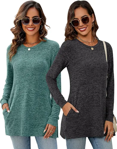 Vista 7 de 2 sudaderas casuales de manga larga para mujer, cuello redondo, sin botones, con bolsillos laterales, túnica de otoño