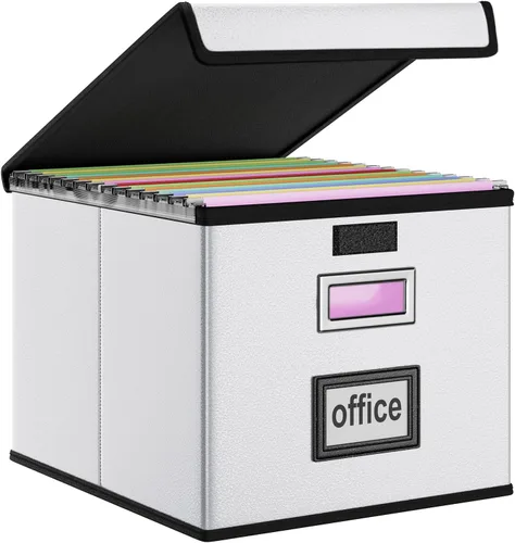 Vista 50 de Caja organizadora de archivos Huolewa con tapa, caja organizadora de carpetas de archivos colgantes de cuero sintético plegable con deslizadores