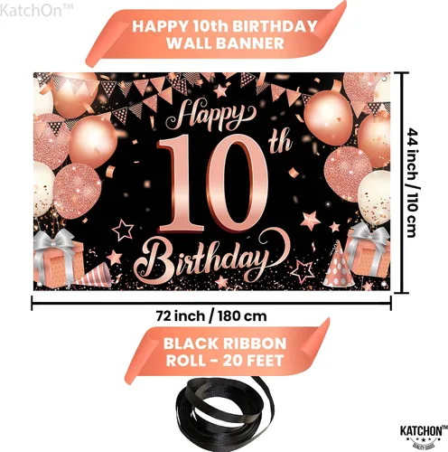 Vista 4 de KatchOn Cartel de cumpleaños número 10 de oro rosa - XL, 72 x 44 pulgadas Telón de fondo de feliz cumpleaños 10