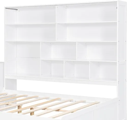 Vista 6 de KLMM Sofá cama de madera de tamaño completo con escritorio, estantes y Blanco/L