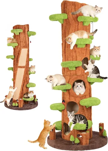 Vista 11 de NUNU LAB Árbol para gatos de 90.5 pulgadas de alto – Torre grande de árbol mágico para gatos con postes rascadores de sisal, escondite lateral