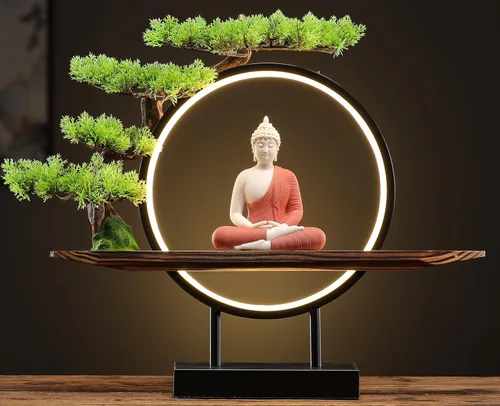 Vista 7 de Houlu Estatua de Buda verde con árbol artificial verde y lámpara de mesa circular LED, estatuas de Buda de cerámica para interiores para decoración