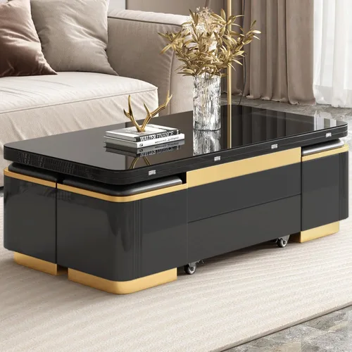 Vista 4 de Guyii Mesa de centro elevable con taburetes de almacenamiento, mesa central multifuncional negra con cajones, moderna mesa de comedor extensible