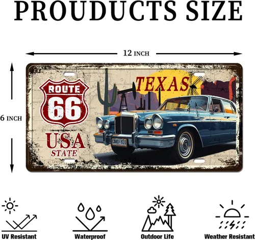 Vista 2 de Texas Route 66 - Letrero decorativo para placa de matrícula vintage de Estados Unidos, 12 x 6 pulgadas