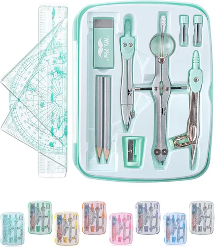 Vista 16 de Mr. Pen- Geometry Set, 13 pcs, 3 Metal Compasses, Protractor, 6" Ruler 45° & 30°/60° Set Squares, Pencils, Lead Refills, Sharpener & Eraser for
