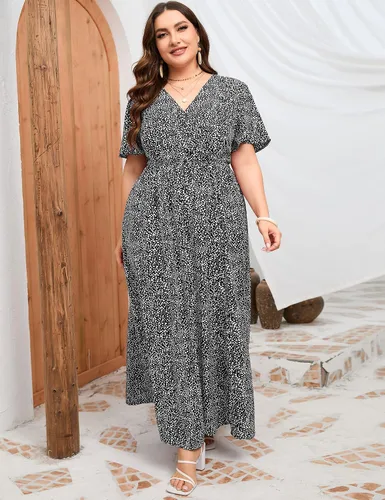 Vista 3 de KOJOOIN Vestido largo cruzado de talla grande para mujer, mangas cortas con volantes, cintura imperio, dividida, acampanado, vestido casual bohemio