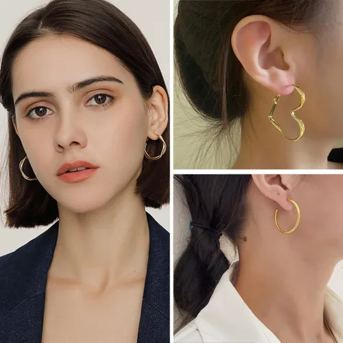 Vista 4 de IFKM Juego de 24 pares de aretes de aro dorados para mujeres y niñas, hipoalergénicos, de cadena gruesa, trenzados, abiertos, paquetes de aretes