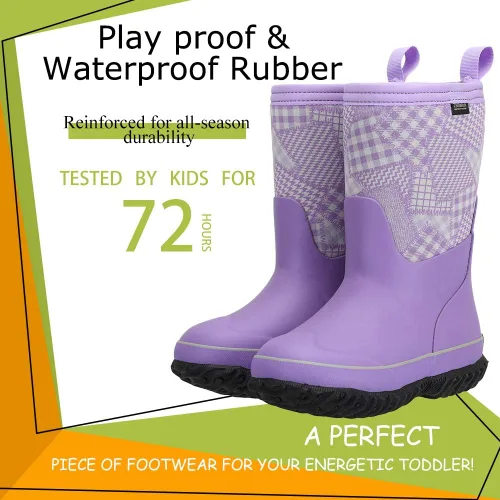 Vista 3 de CNSBOR Botas de lluvia de neopreno impermeables con aislamiento para niños con botas de lluvia fáciles de poner para jóvenes