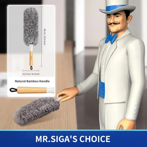 Vista 2 de MR.SIGA Plumero de microfibra sin pelusas, lavable y reutilizable, con mango de bambú y cabezal reemplazable, plumero para limpieza del hogar