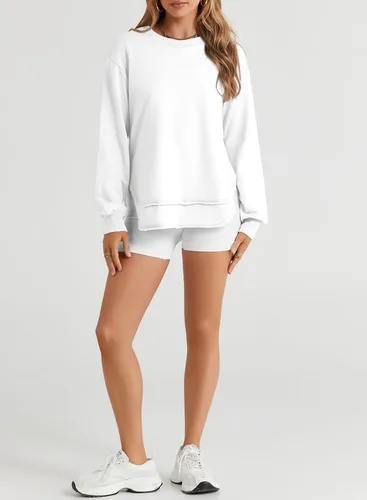 Vista 4 de SHEWIN Sudadera de gran tamaño para mujer, casual, de otoño, manga larga, cuello redondo, sin botones