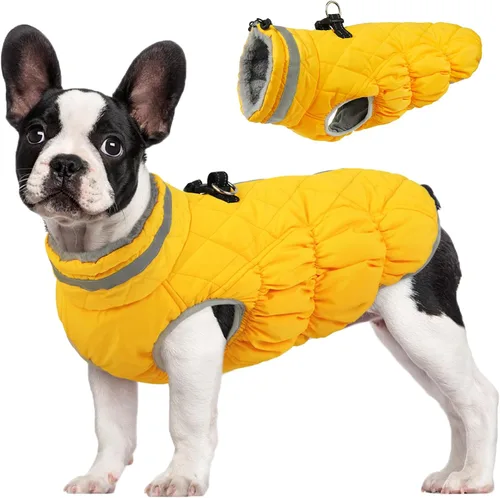Vista 26 de Abrigo para perro, chaqueta cálida de invierno, acolchada, de vellón, chaleco reflectante con arnés, chaqueta de nieve impermeable con cremallera, a