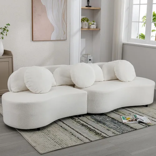 Vista 4 de Moderno sofá tapizado de terciopelo de cordero de 103.9 pulgadas, sofá modular de 4 asientos con 3 almohadas largas y 3 almohadas redondas para sala
