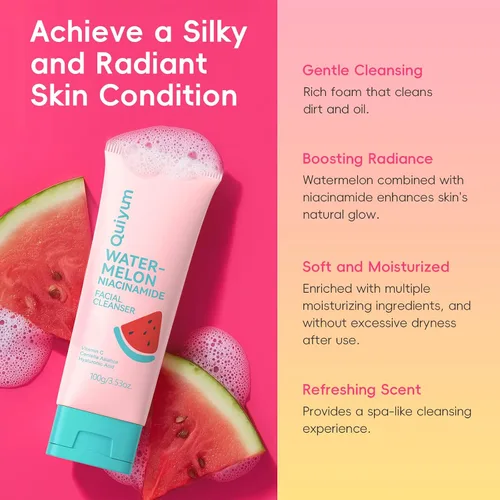 Vista 2 de QUIYUM - Juego de cuidado de la piel de sandía y niacinamida, kit facial brillante de 3 piezas para adolescentes 3-in-1 Daily Routine: Cleanser