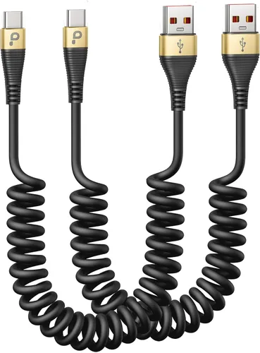 Vista 21 de Cable USB C de carga rápida, paquete de 2 cables de carga USB A a USB C en espiral de 3 pies para automóvil, cable de carga USB-C compatible