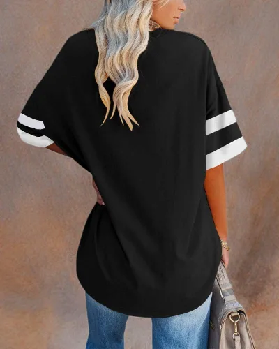 Vista 3 de Fisoew Camisetas de gran tamaño para mujer, camisetas sueltas de media manga con cuello redondo y bloque de color de algodón