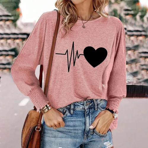 Vista 4 de Tuianres Womens Long Sleeve Tops Lightweight Casual Tee Blouse Round Neck Pullover Tops 2023 Fall Long Sleeve Graphic T-Shirt