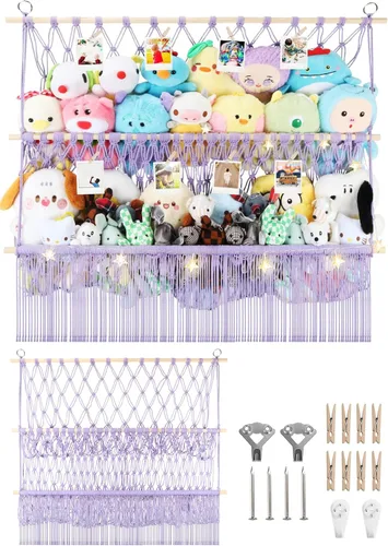 Vista 14 de Red de almacenamiento de animales de peluche de 2 niveles, 17 x 32 pulgadas, organizador grande de animales de peluche para pequeños rellenos