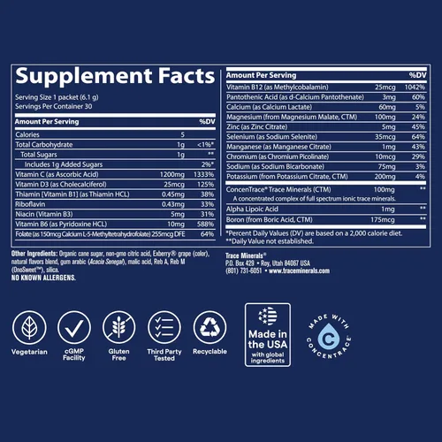 Vista 3 de Electrolitos Power Pak Stamina de Trace Minerals Research, ESPP16, 30, Acai berry, 1, 1