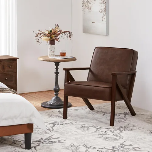 Vista 15 de Yaheetech Silla decorativa, silla de lectura de piel sintética, silla moderna de mediados de siglo con marco de madera maciza para sala de estar