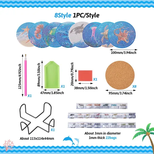 Vista 2 de Craftdady Juego de 8 piezas de pintura de diamantes oceánicos para adultos, posavasos de arte de diamantes con soporte, posavasos acrílicos