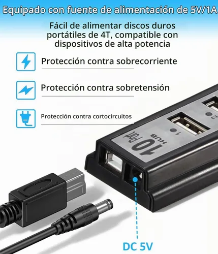 Vista 5 de Hub USB de 10 puertos, extensor de concentrador USB adaptador divisor de red con alimentación, para MacBook, PC, laptop, ratones, teclados