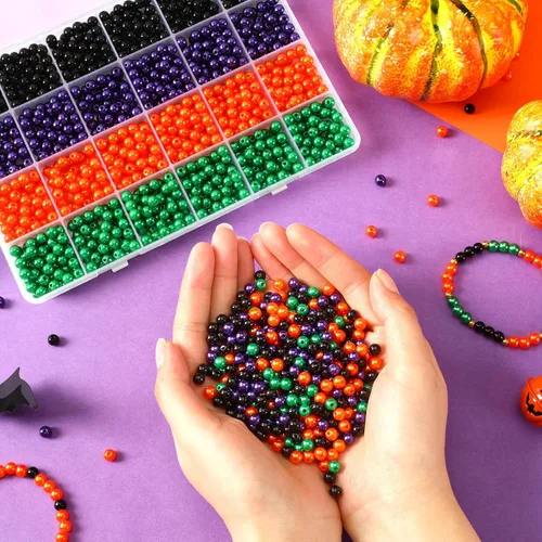 Vista 5 de UPINS 1200 piezas Cuentas de Halloween Redondas de 6 mm en Negro, Púrpura, Naranja y Verde para Hacer Joyería, Decoración de Fiesta de Halloween