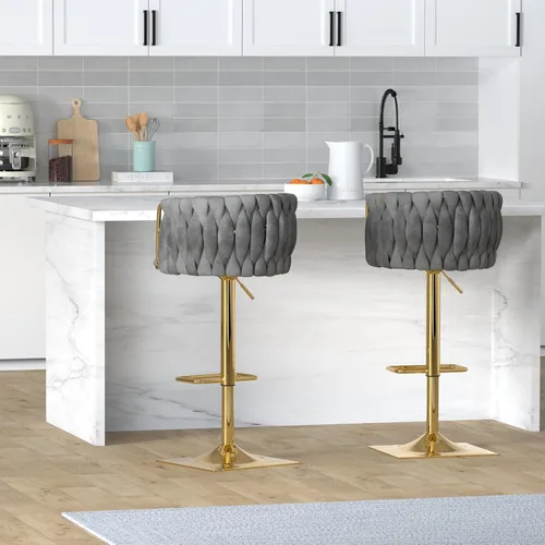 Vista 2 de Juego de 2 taburetes de bar giratorios de terciopelo, taburetes de bar ajustables y cómodos, silla de comedor moderna con respaldo tejido, taburetes