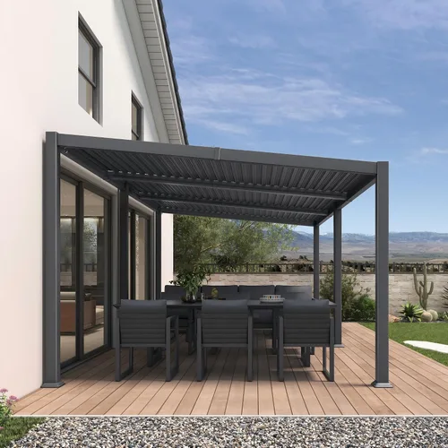 Vista 14 de PURPLE LEAF Pérgola con listones de techo rígido de 8 x 10, pérgola de aluminio para patio al aire libre con techo ajustable a prueba de lluvia