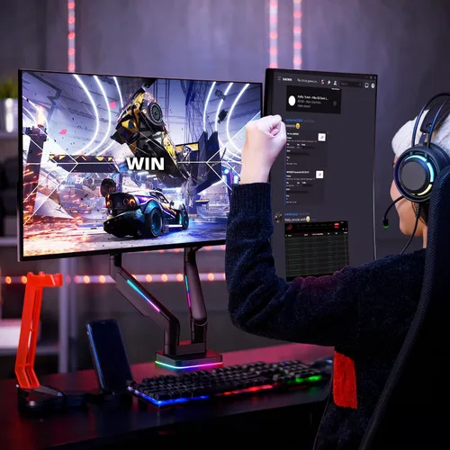 Vista 2 de AVLT RGB Lights Dual 17"-43" Gaming Monitor Arm Soporte de escritorio, se adapta a dos pantallas planas/curvas/ultraanchas de hasta 44 libras