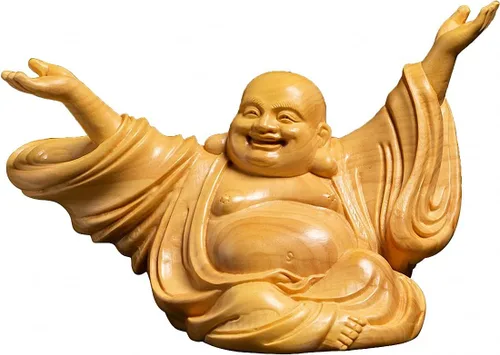 Vista 10 de Estatua de Buda Maitreya Maitreya tallada a mano de boj natural (ventilador de bolsa de tela)