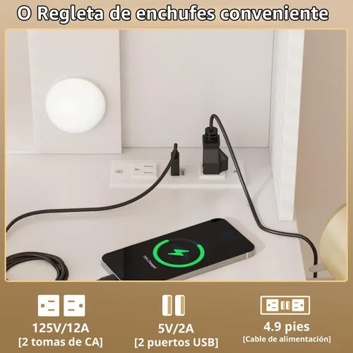 Vista 6 de Vabches Escritorio de tocador con espejo y luces, mesa de tocador de maquillaje con estación de carga, juego de tocador con 2 cajones y mucho