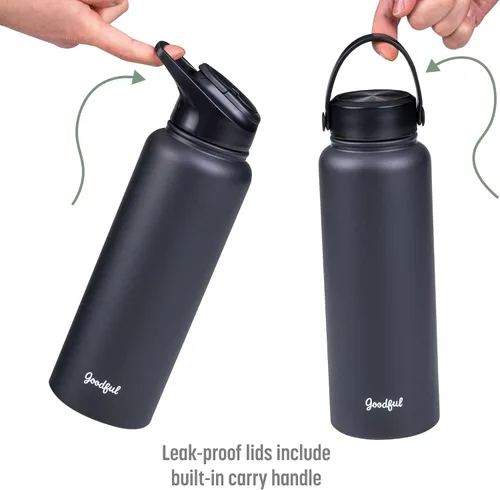 Vista 5 de Goodful Botella de agua de doble pared sellada al vacío, aislada con dos tapas intercambiables, tapas para beber o tragar, a prueba de fugas, boca