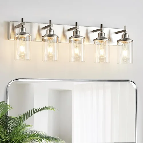 Vista 18 de Lanhall Lámpara de baño de 3 luces, estilo granja, vintage, sobre espejo, de metal pintado en madera y negro con pantalla de cristal, enchufe E26