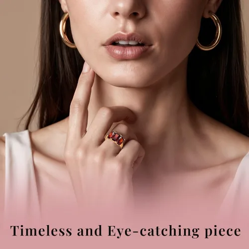 Vista 6 de 3 Stone Garnet Rings for Women in 925 Sterling Silver with 14K Gold Plating - January Birthstone Promise Engagement Ring Vintage Red Garnet Jewelry