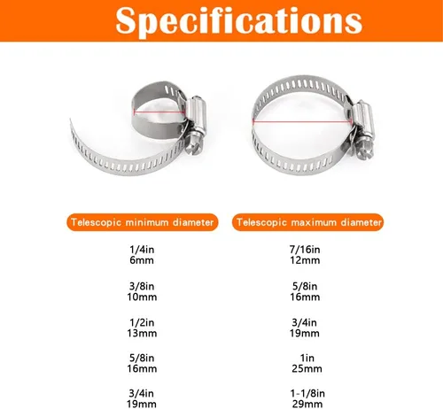 Vista 5 de Dianrui - Kit de surtido de 42 abrazaderas de manguera, abrazaderas de manguera de tornillo sin fin de acero inoxidable 304 de 1/4"–1-1/8" (6-29mm)