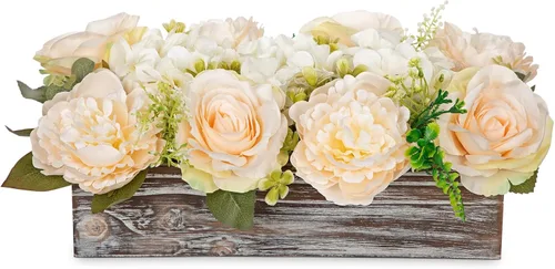 Vista 11 de DILATATA Arreglo floral con jarrón de madera, flores artificiales de 10 pulgadas en maceta, flores falsas en jarrón rectangular de madera blanco