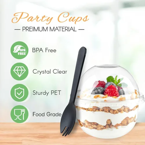 Vista 3 de Zezzxu Paquete de 50 Vasos de Postre de Plástico de 9 oz con Tapas de Cúpula (Sin Agujero) y Sporks, Vasos de Frutas Desechables Transparentes